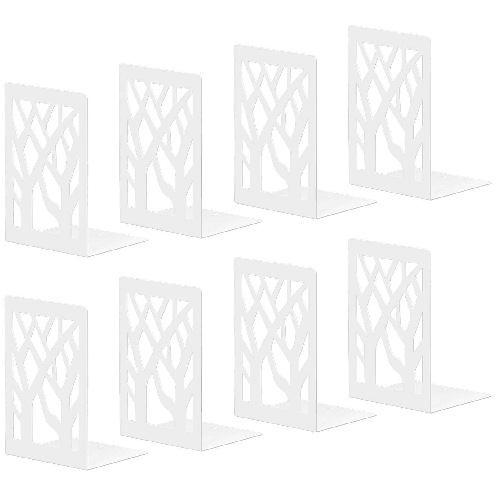 ALOTCHE White Bookends 8 Pack, Tree Design Modern Metal Bookends for Shelves, Unique Tree Book Ends