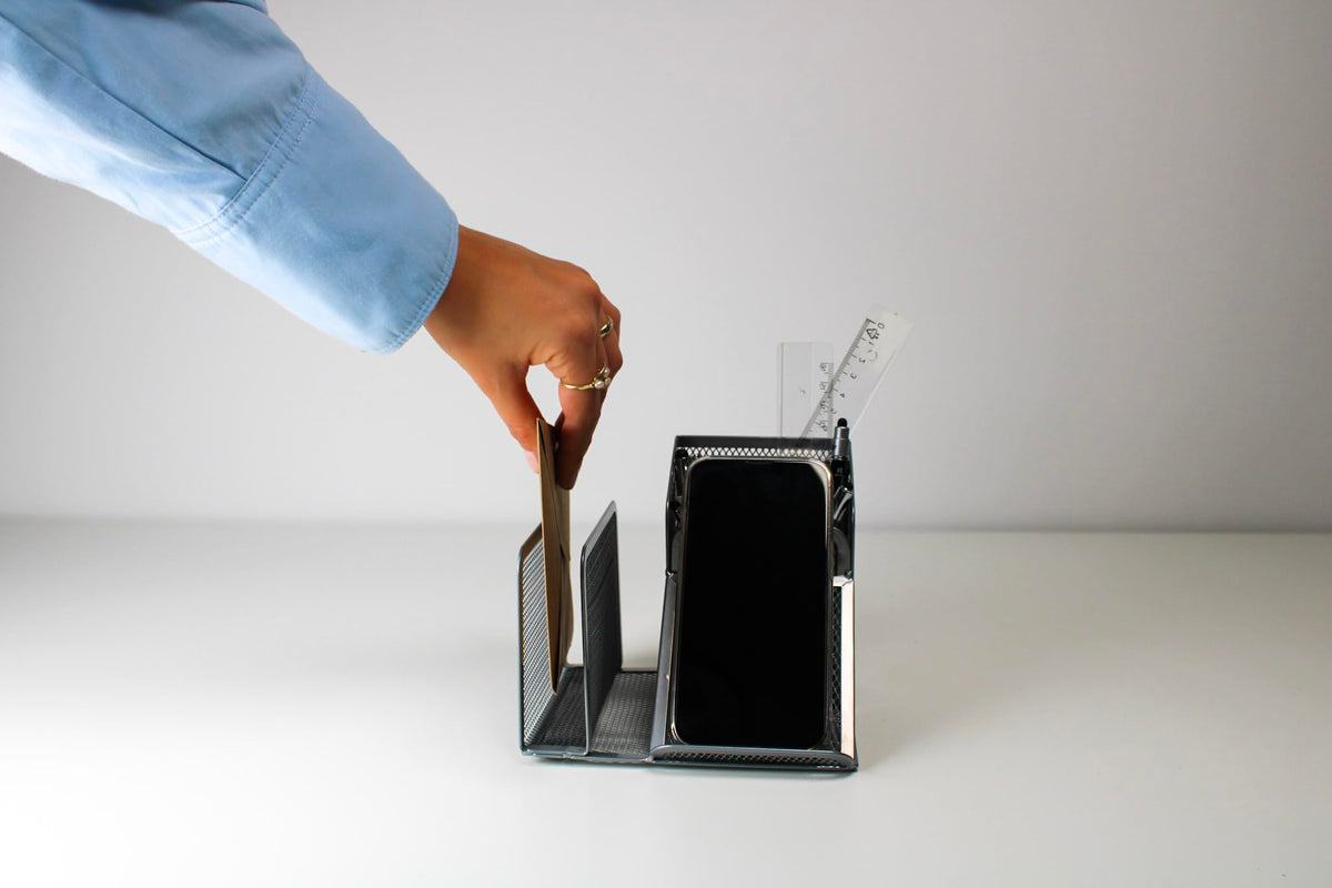 WEDO Butler Office 65554 Pen Holder 4 Compartments and Slant Tray Wire Metal Silver