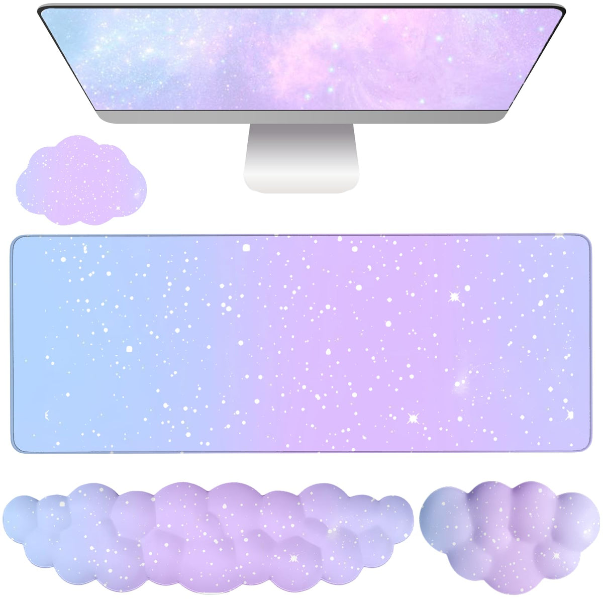 Cloud Mouse Pad Keyboard Wrist Rest 4PCS Extended Large Galaxy Stars Desk Mat Pad Set Memory Foam