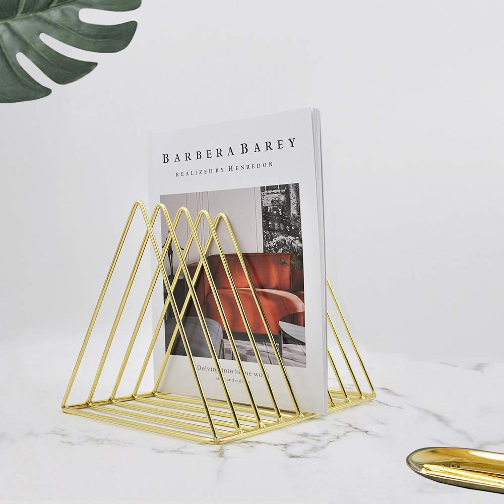 EASEPRES Gold File Holder Organizer, Triangle Record Album Holder Magazine Wire Rack, 9 Slot