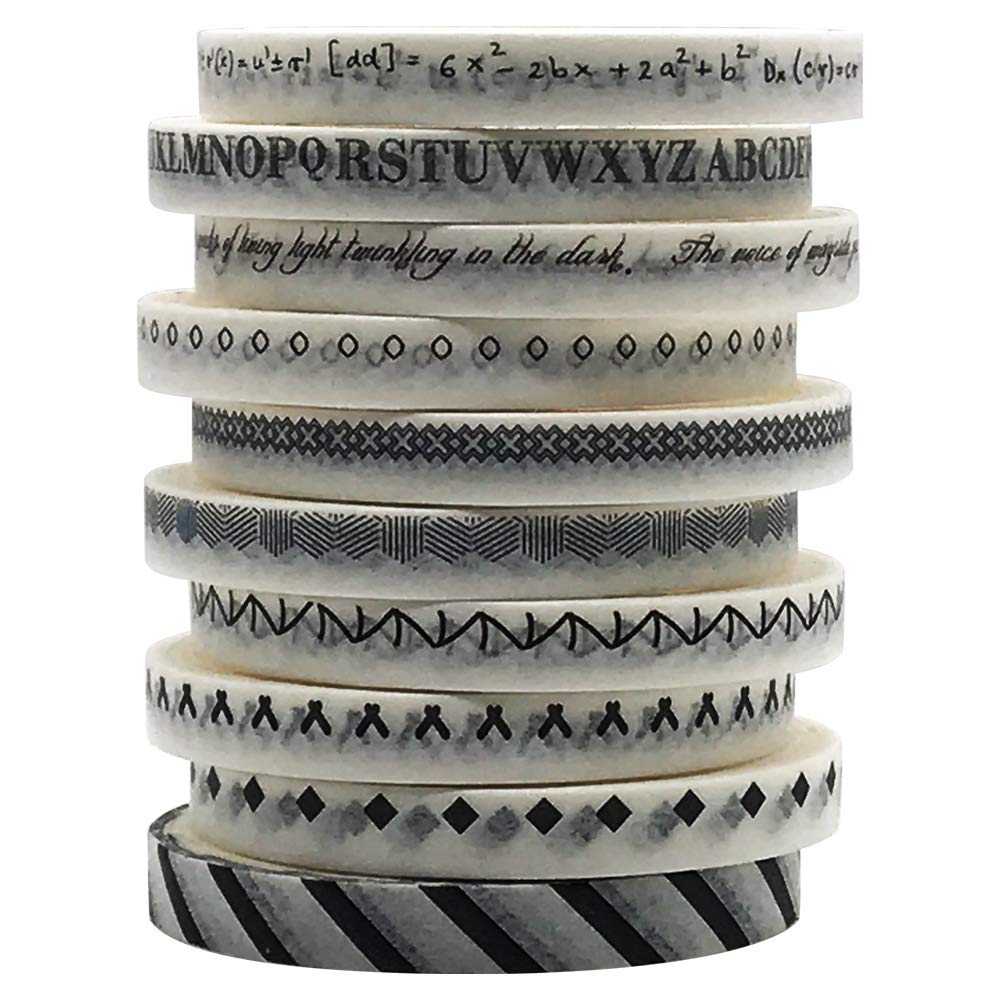 ZMLSED 5mm Wide Slim Washi Tapes Set,10 Rolls Minimalist Black White Style Japanese Masking