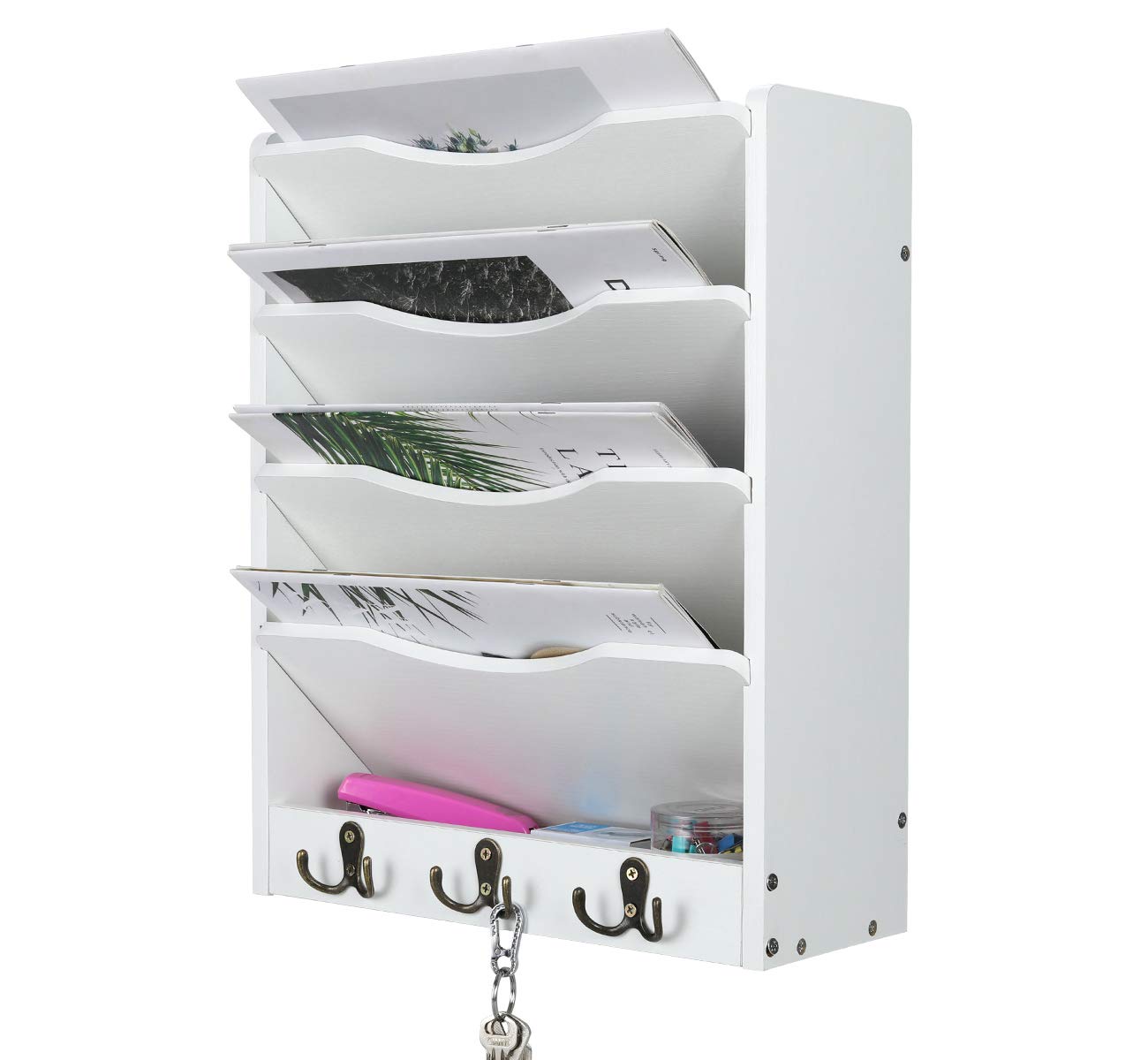PAG-Mass 5-Tier Wall File Holder Hanging Mail Organizer Wood Magazine Literature Rack with 6 Hooks
