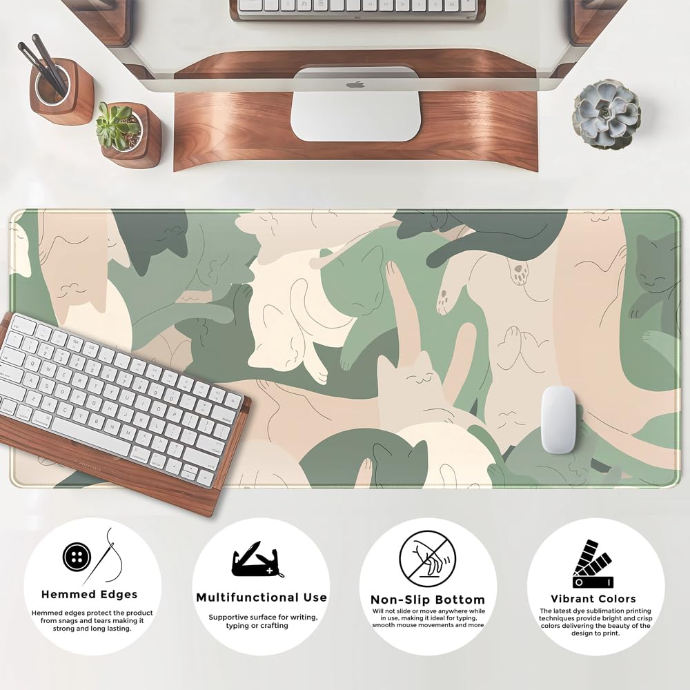 Green Simple Cat Desk Mat Sleeping Cute Long Cool Mouse Pad for Laptop Gaming Computer Keyboard Pad