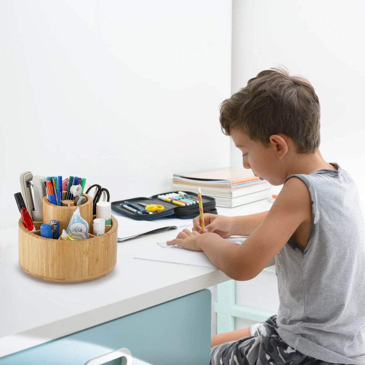 SOUJOY Bamboo Pen Holder Organizer, 360°Rotating Art Supply Organizer with 11 Compartments, Color