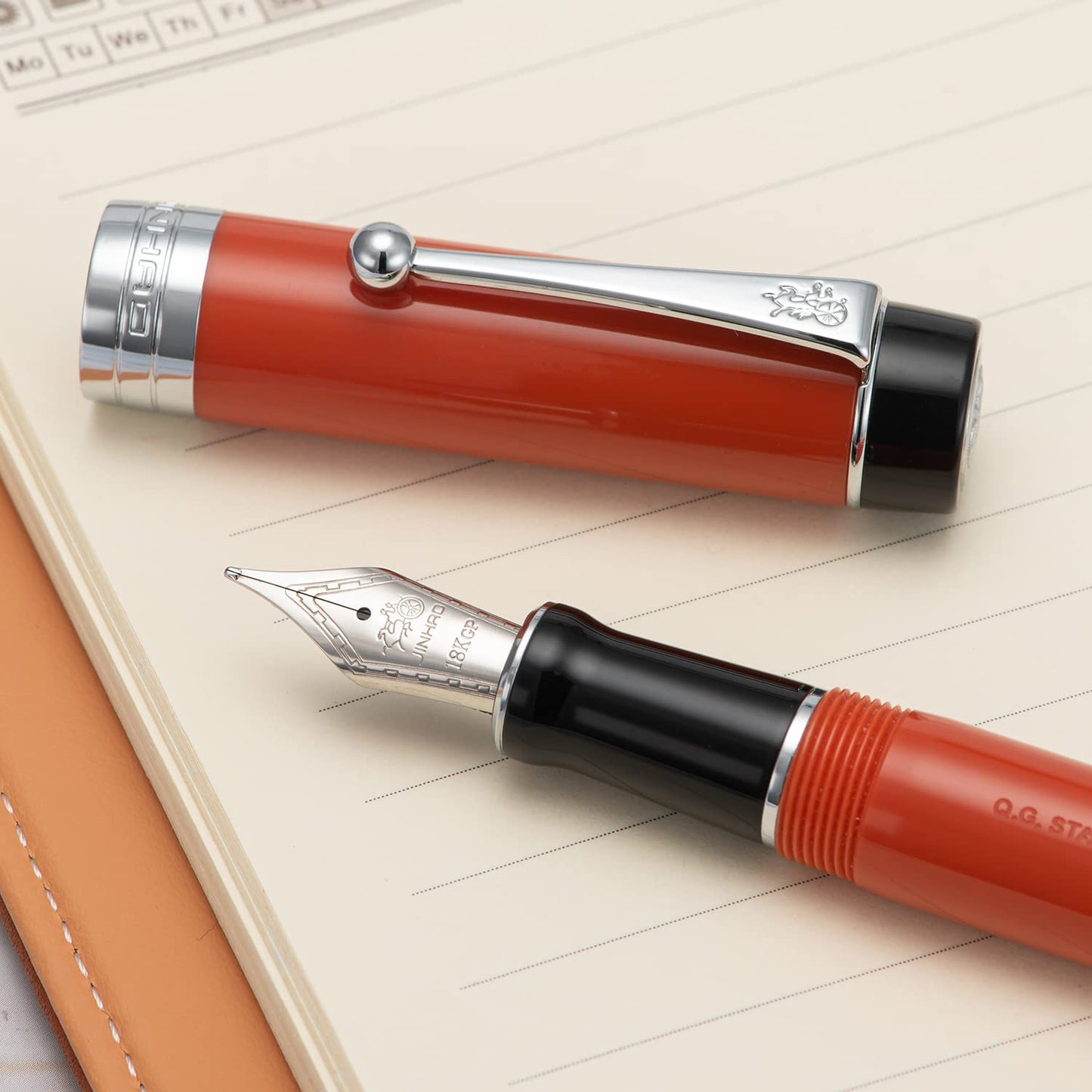 Jinhao Classic Fountain Pen Orange Red with Jinhao Stamp, Celluloid Silver Trim, Fine Nib with