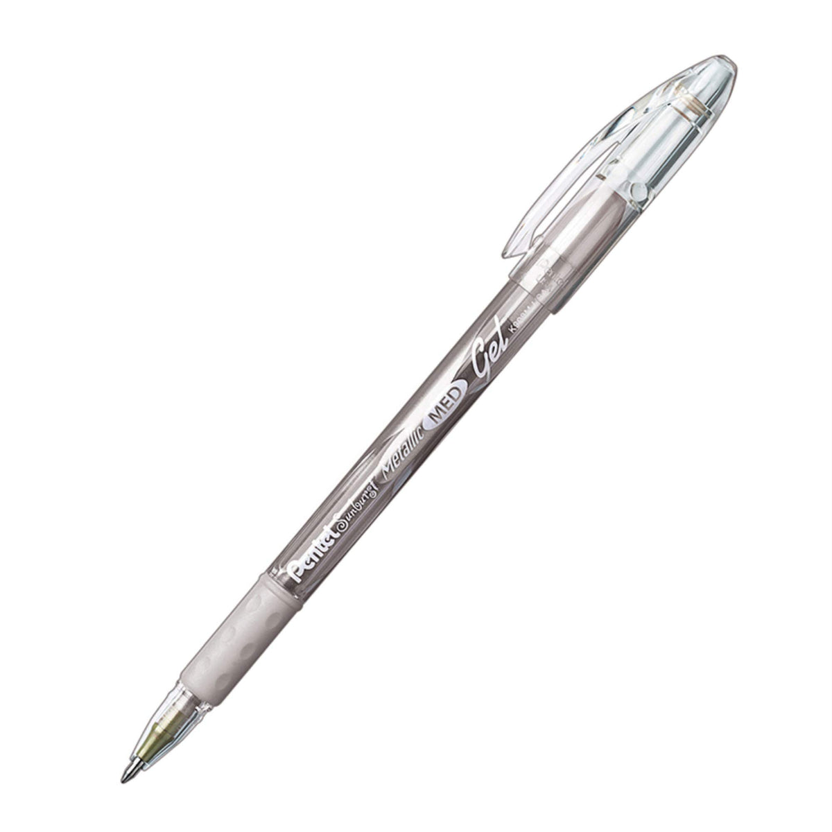 Pentel Sunburst Metallic Gel Pen, 0.8mm Tip, Silver/Transparent Barrel Silver Ink, Box of 12