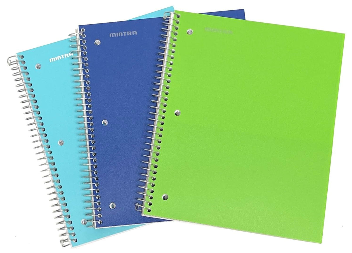 Mintra Office Durable Spiral Notebooks, 3 Subject (Teal, Blue, Green, Wide Ruled 3pk)