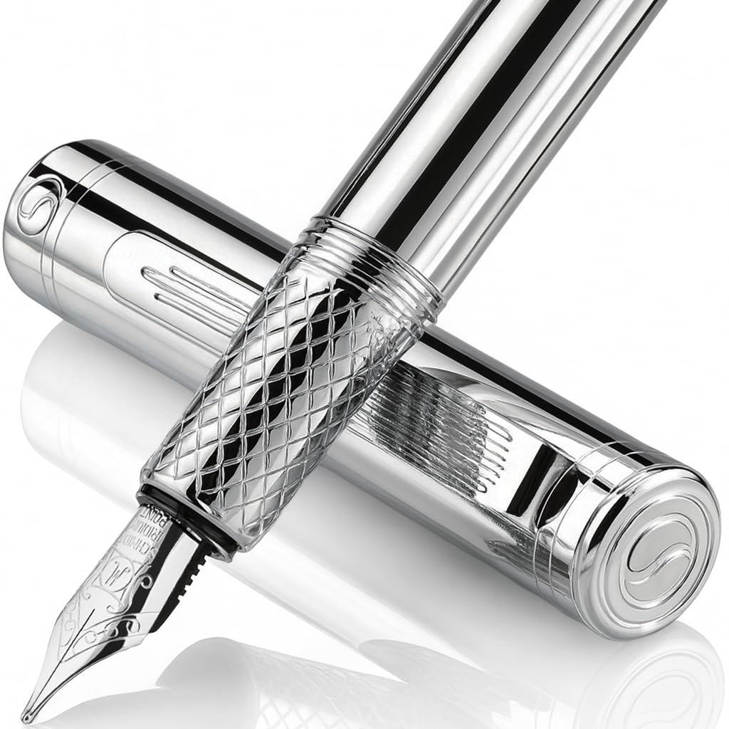 Scriveiner Silver Chrome Fountain Pen (Medium), Award Winning Luxury Pen, Heavy Pocket Pen, Chrome