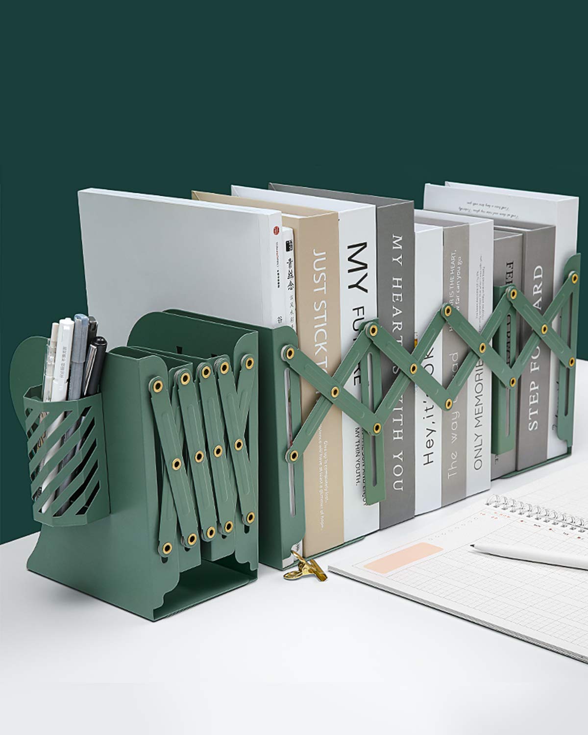 MSDADA Adjustable Bookends, Book Ends for Heavy Books, Expandable Book Organizer with Pen Holder