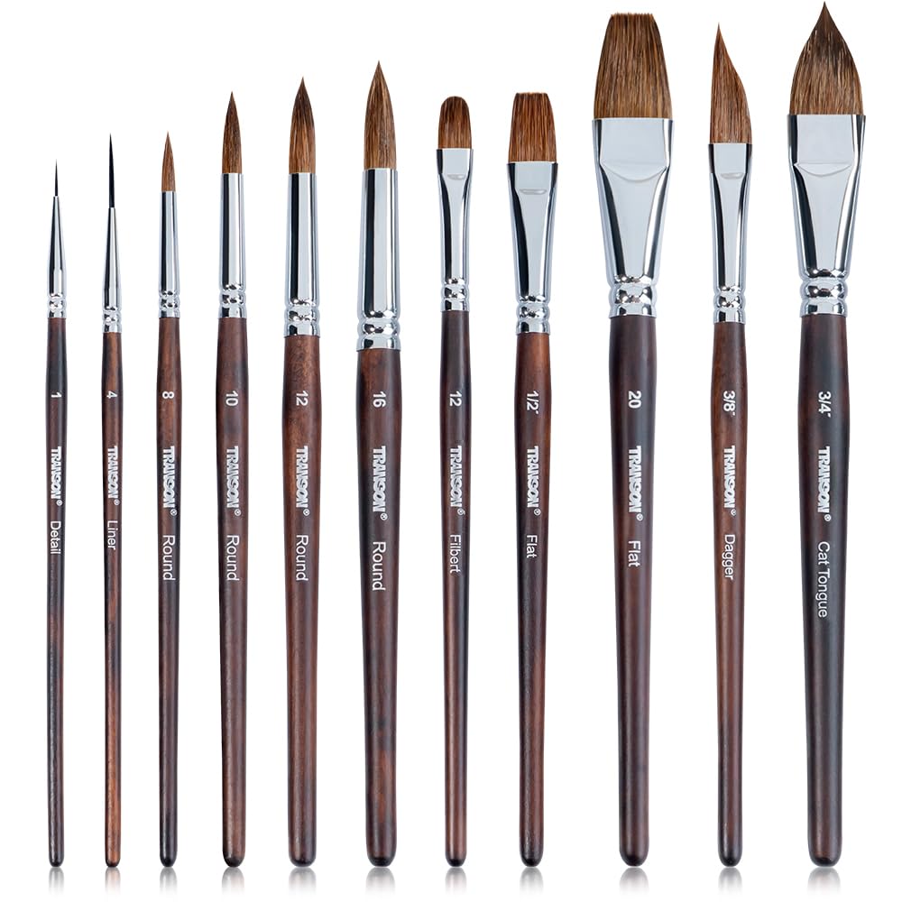 Transon 11pcs Sable Watercolor Brushes Professional Brush Set for Watercolor Painting Gouache