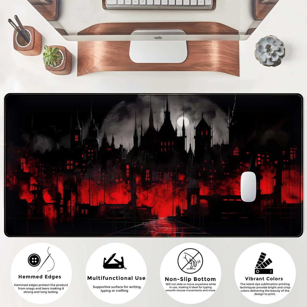 Black Castle Large Mouse Pad Red and Black Mousepad Gaming Playmat Game Mat, Big Full Keyboard and