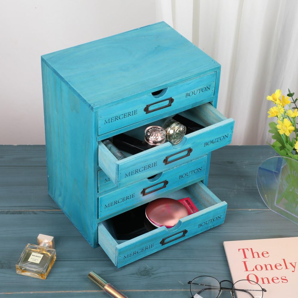 BoxSkivra Small Wooden Drawers Wooden Box with Drawer, Blue 5 Wood Drawer