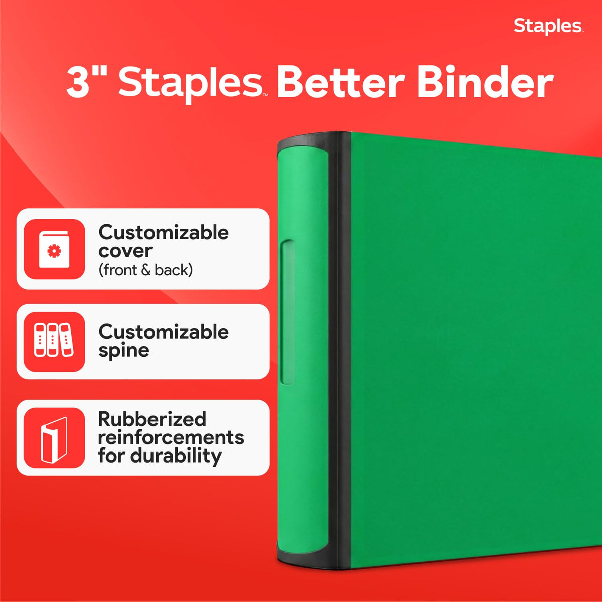 Staples Heavy-Duty 3-Inch D-Ring Binder, Green, Holds 600 Sheets