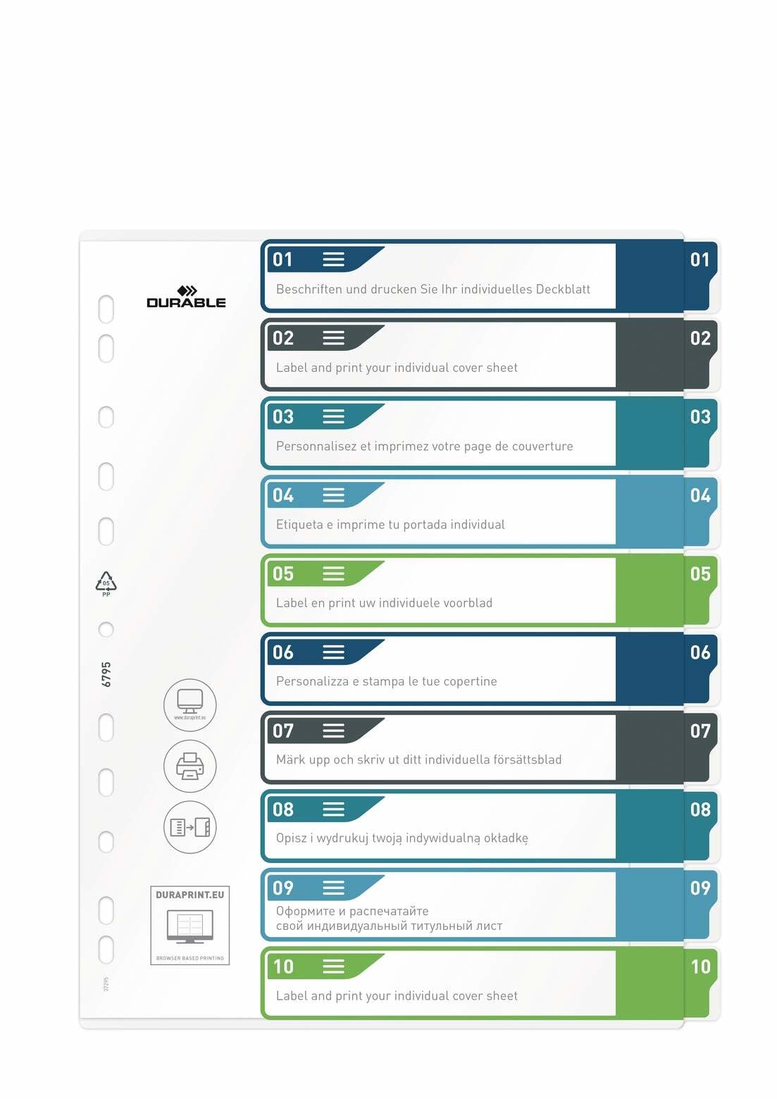 Durable Index Set 1-10 A4+ Portrait, Writable Index Sheet, 100% Recyclable, Multi-Coloured