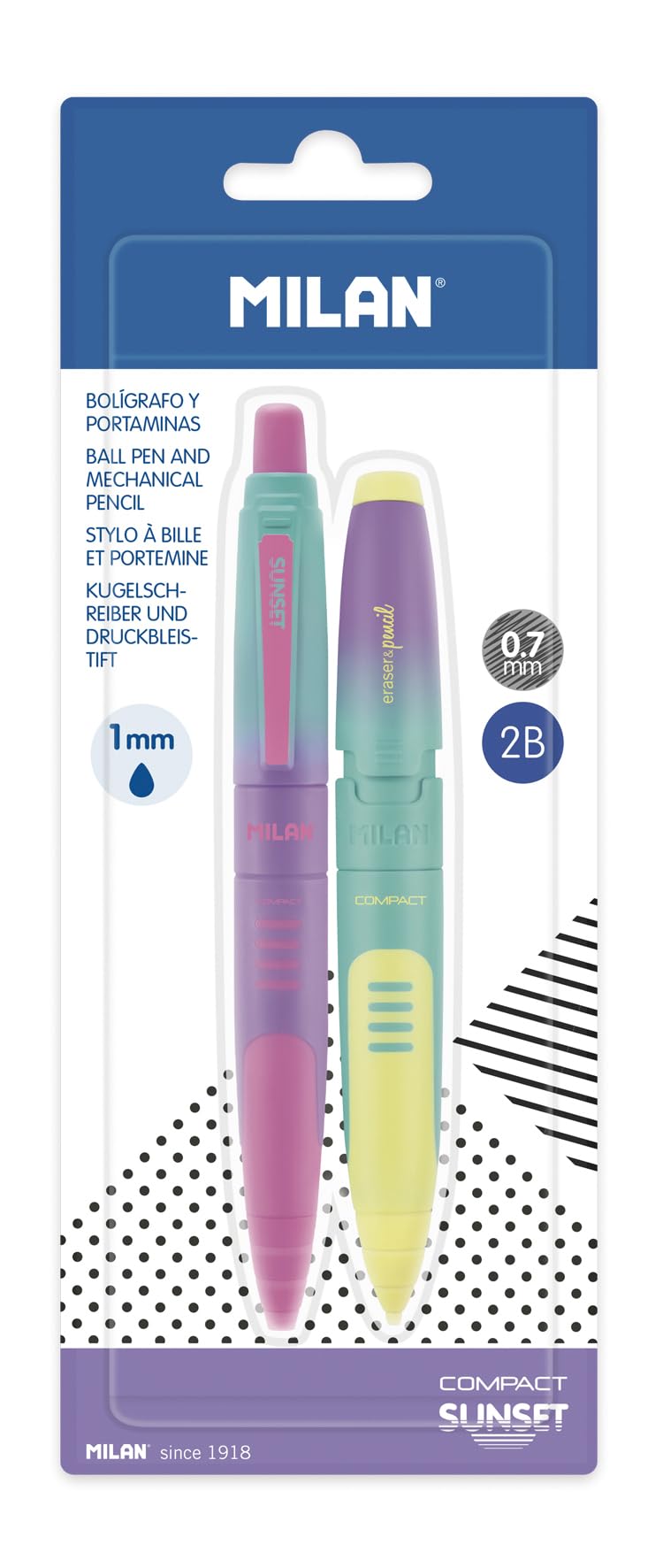 MILAN Blister pack 1 ballpoint pen + 1 mechanical pencil COMPACT Sunset