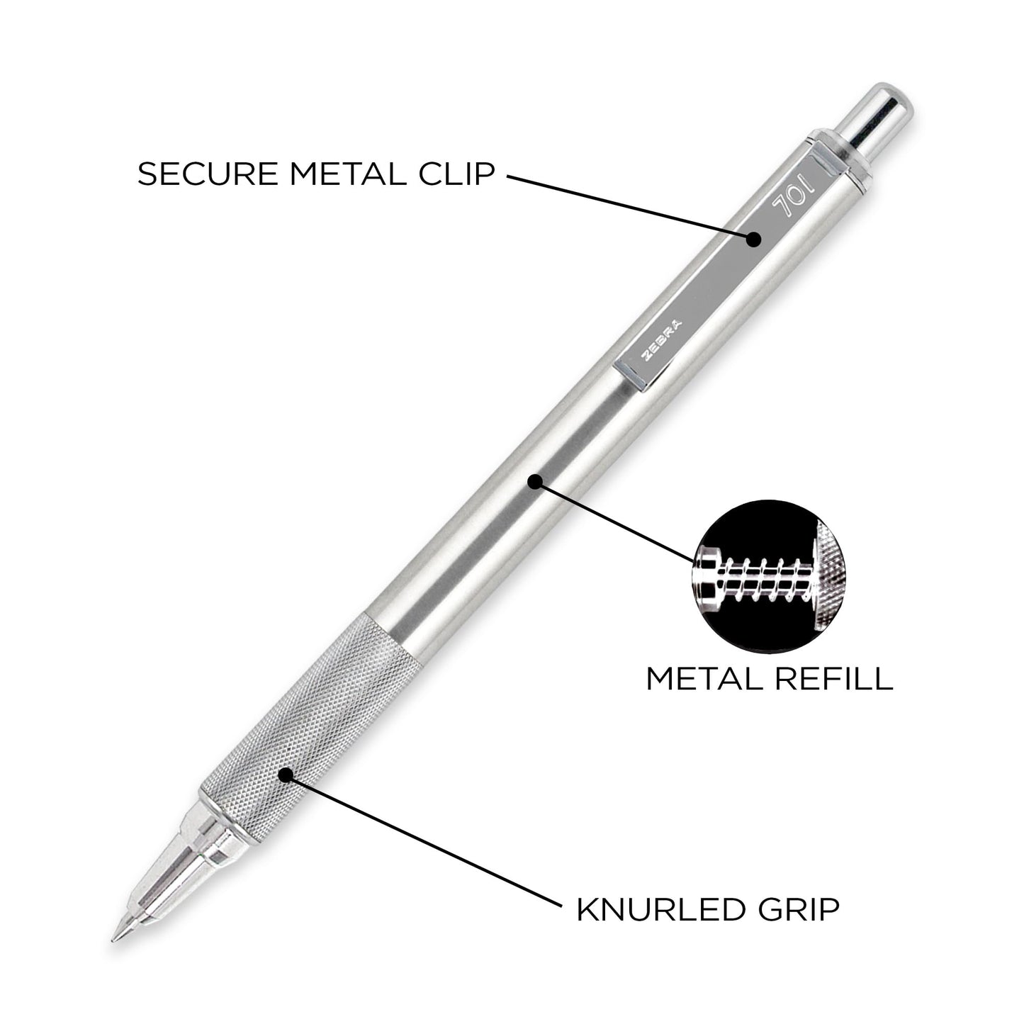 Zebra Pen STEEL F-701 Retractable Ballpoint Pen, Black Ink, 0.8mm, 3-Pack