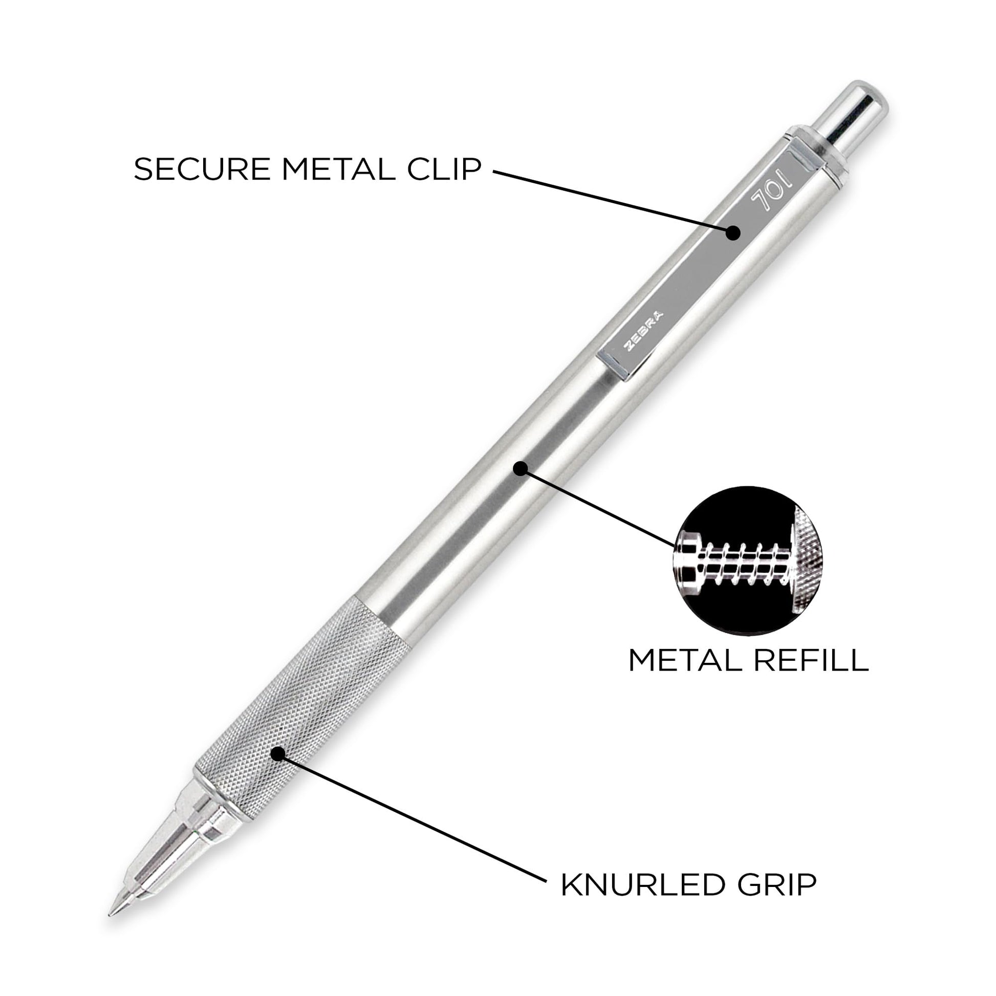 Zebra Pen STEEL F-701 Retractable Ballpoint Pen, Black Ink, 0.8mm, 3-Pack