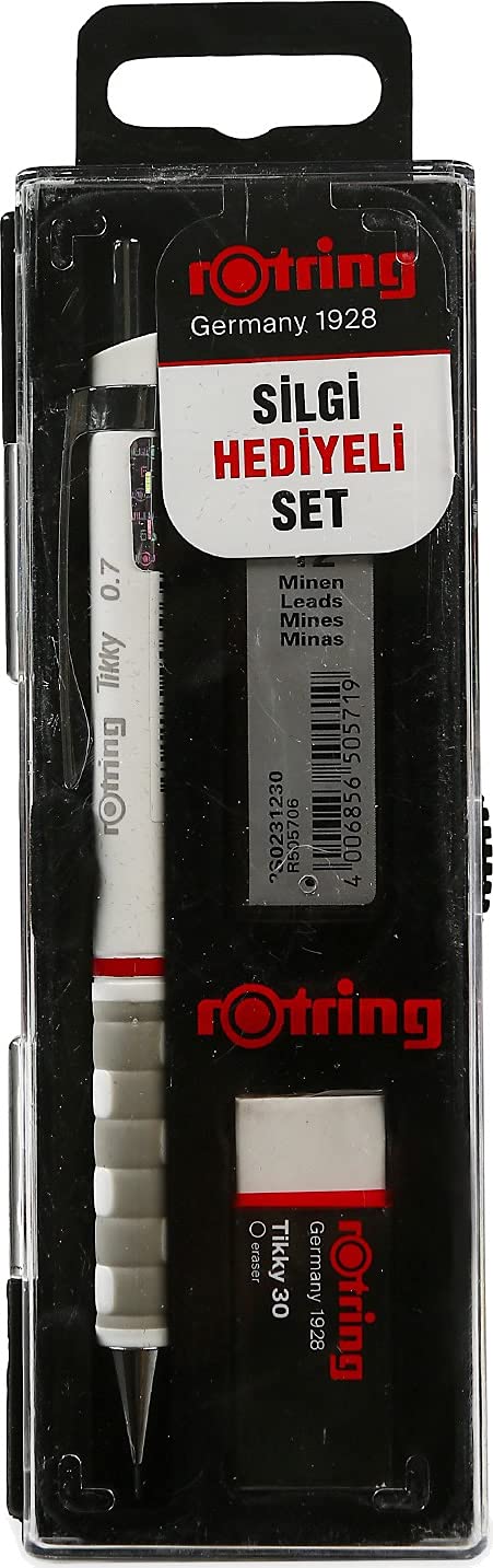 rOtring Tikky Mechanical Pencil Set, 0.7 mm, Includes Leads and Eraser, White