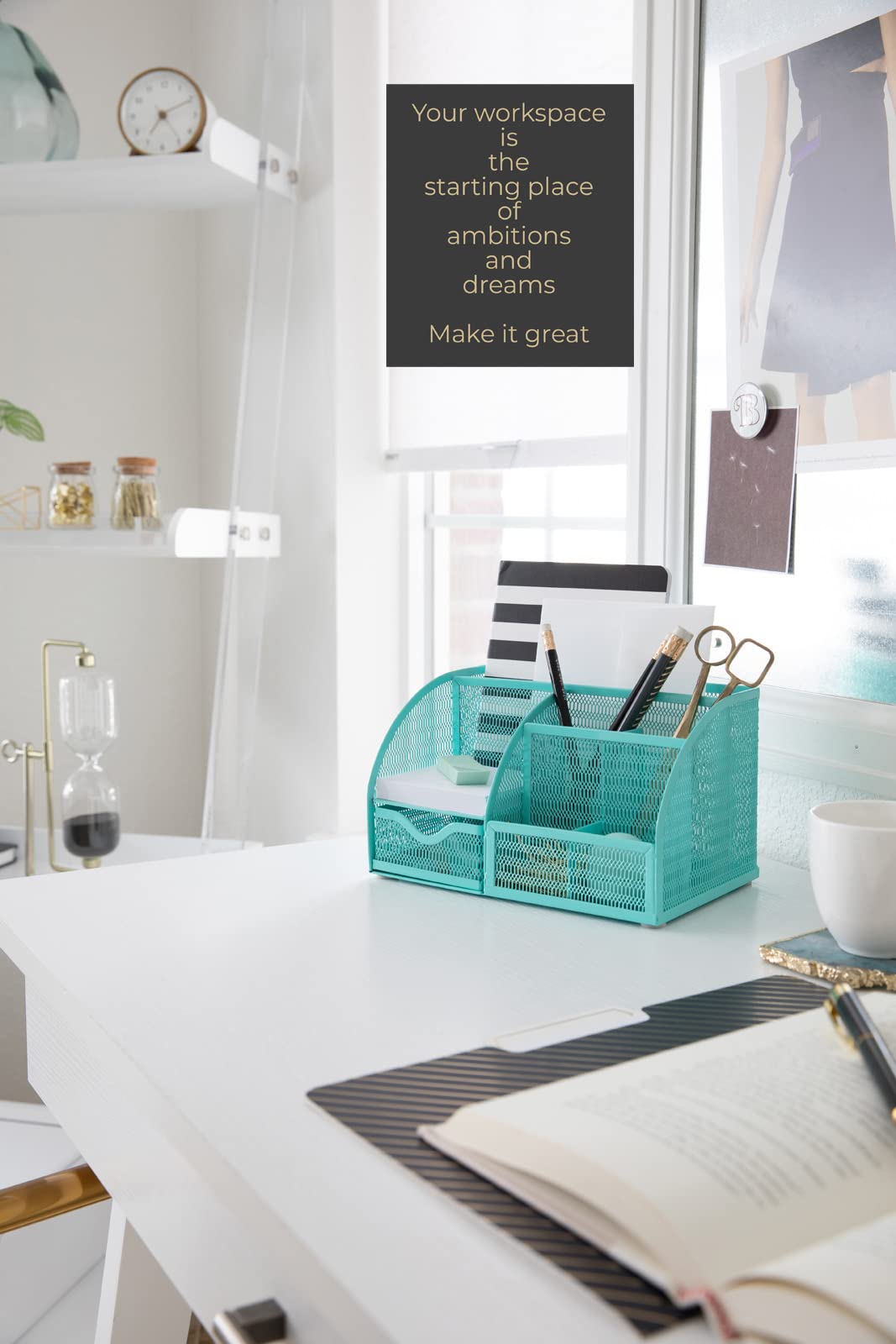 BLU MONACO Aqua Desk Organizer | Metal Turquoise Stationery Holder With Drawer and Compartments |