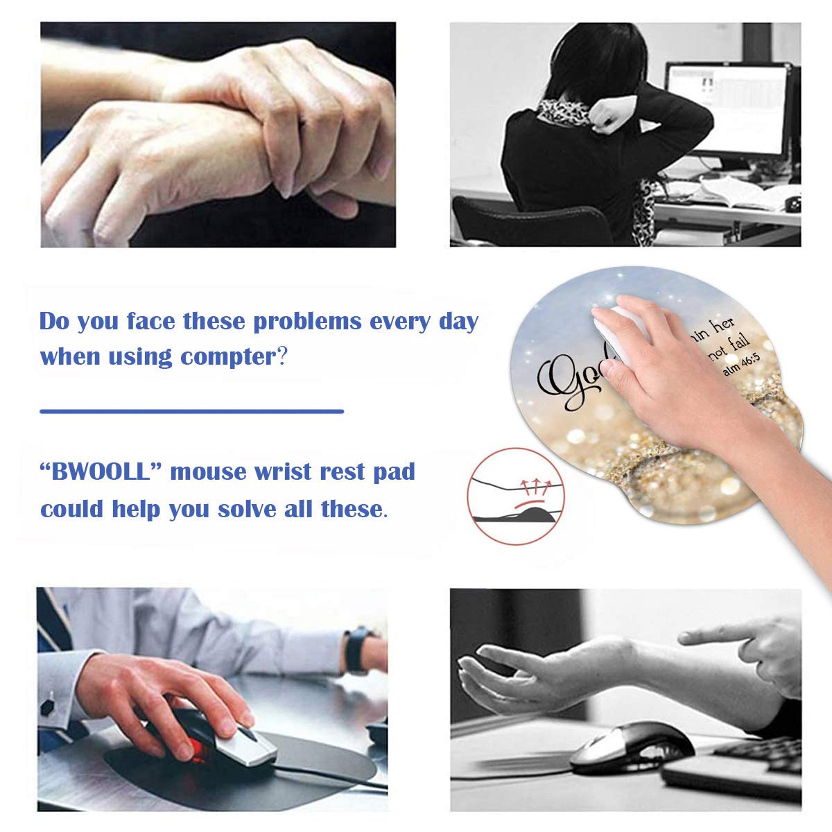 Ergonomic Mouse Pad Wrist Support and Coasters Set, Cute Wrist Rest Pad with Non-Slip PU Base for