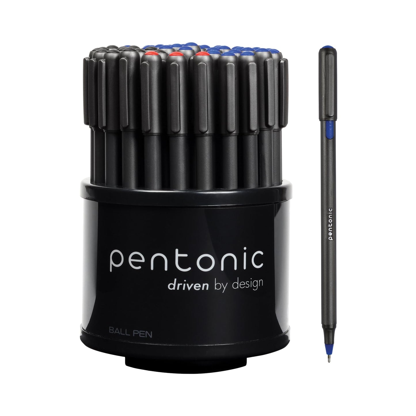Pentonic Ballpoint Pens In Pen Organizer, Bulk 50 Count, Assorted Colored Ink (Red, Black, Blue)