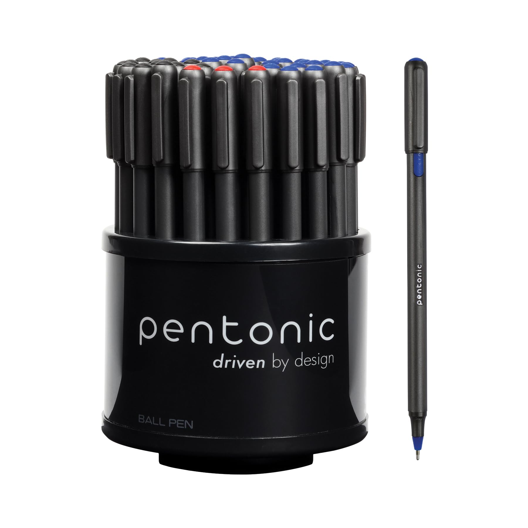 Pentonic Ballpoint Pens In Pen Organizer, Bulk 50 Count, Assorted Colored Ink (Red, Black, Blue)
