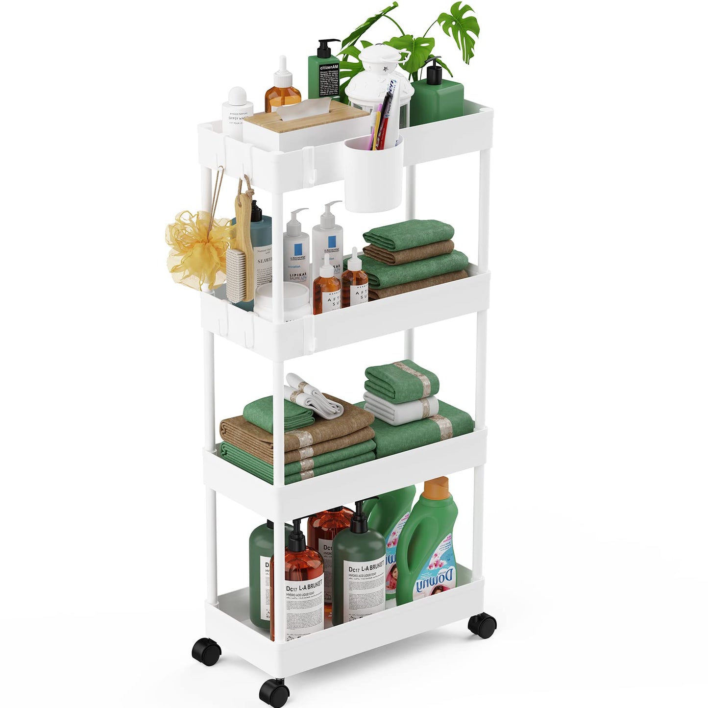 LEHOM Slim Rolling Storage Cart - 4 Tiers Bathroom Organizer Utility Cart