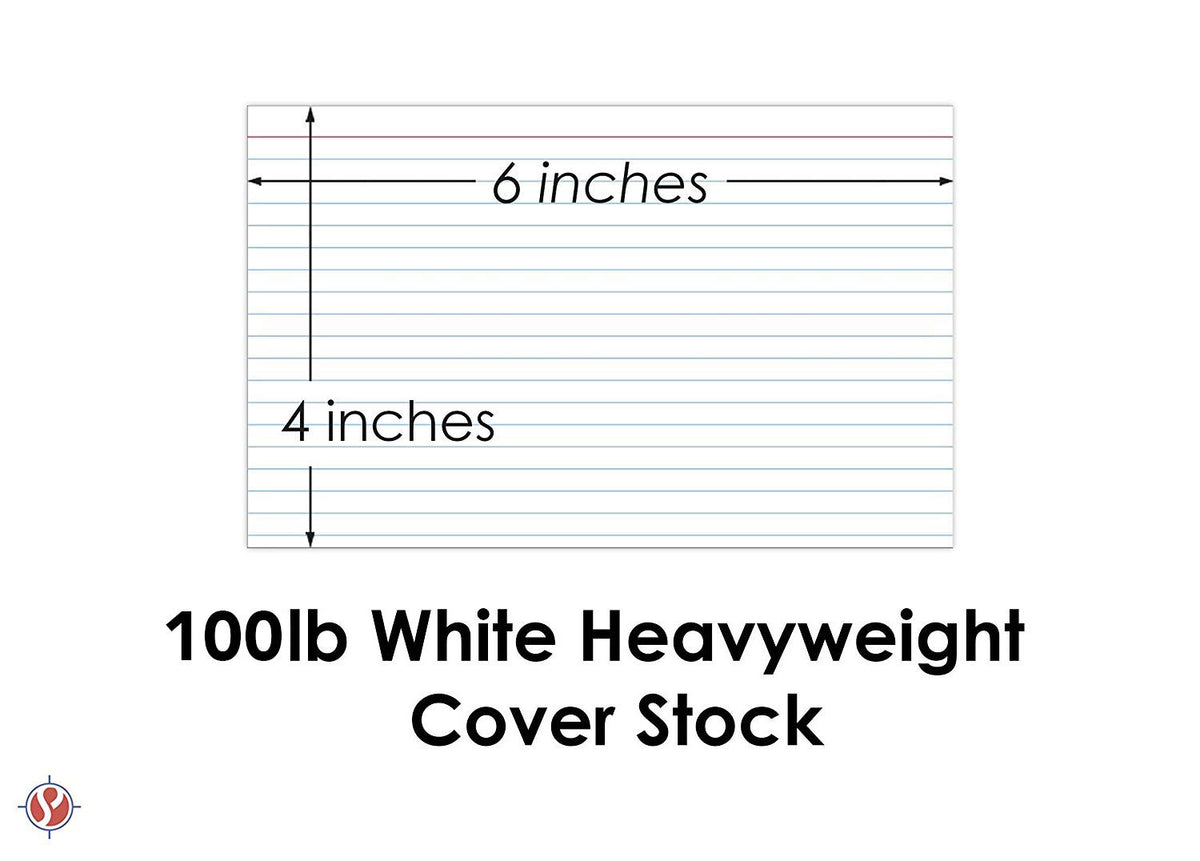 Ruled Index Cards, On 100lb. Heavyweight Thick White Cover Stock. "100 per pack" (4 x 6)