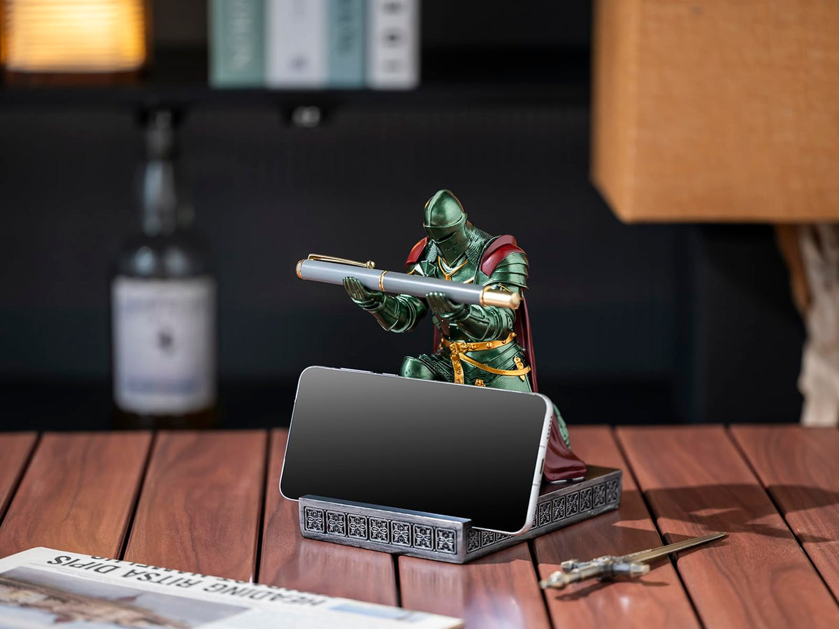 Medieval Armored Knight Pen Holder Figurine Paperweight Phone Stand Green
