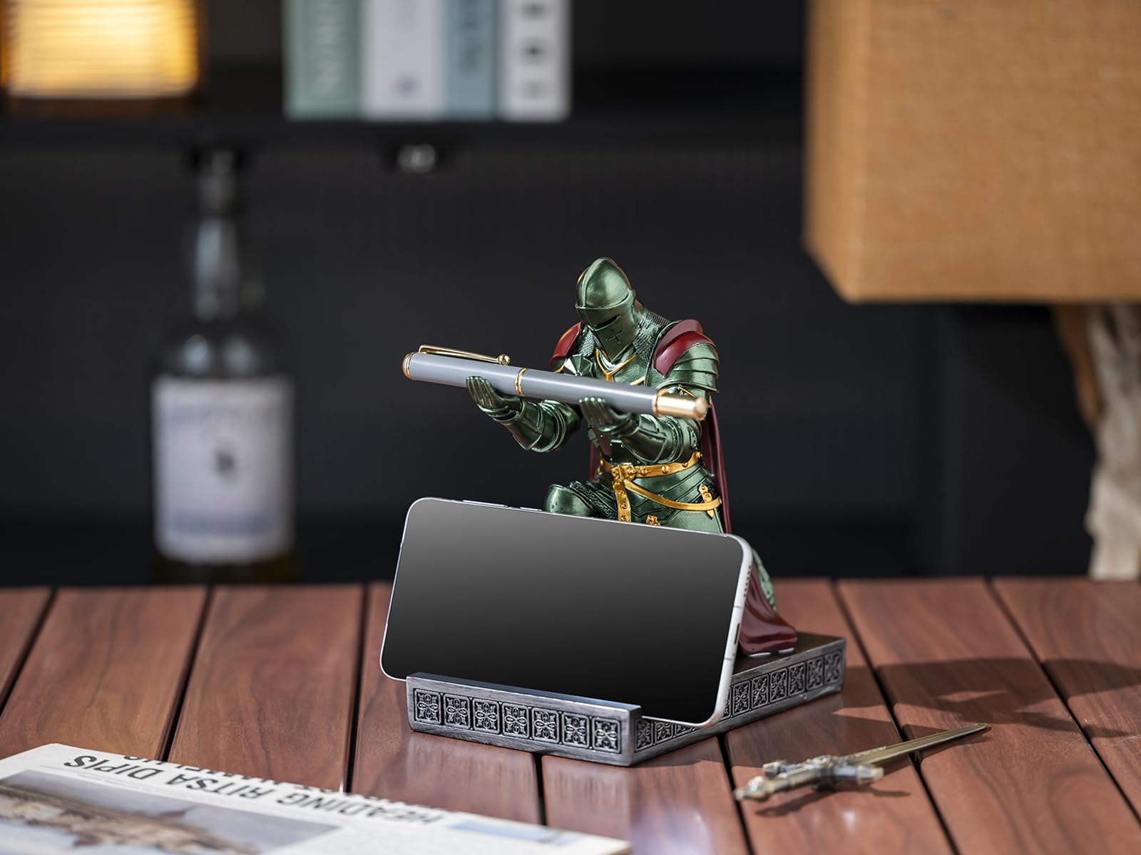Medieval Armored Knight Pen Holder Figurine Paperweight Phone Stand Green