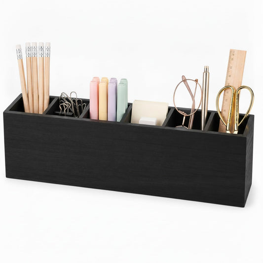 Jetec Wooden Pencil Pen Holder for Desk, Black, 6 Compartments