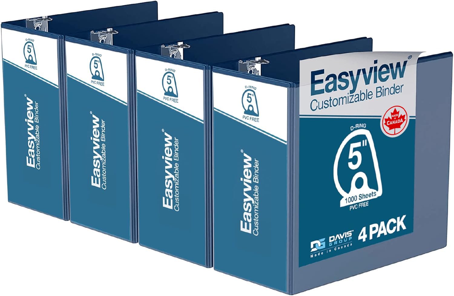 Easyview 3-Ring Binder, Clear-View Cover, 5" D Rings, Royal Blue, 4 Pack