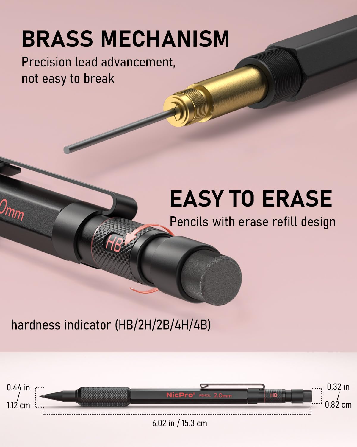 Nicpro 2mm Metal Mechanical Pencils Set with Case, 5 Pack Black