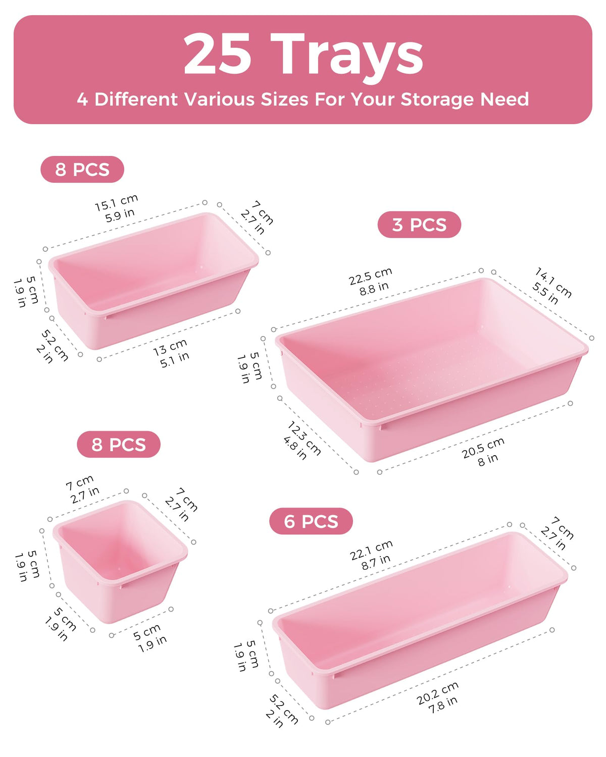 BiuLeon 25 PCS Plastic Drawer Organizers Set, 4-Sizes Vanity and Makeup Organizer, Desk and