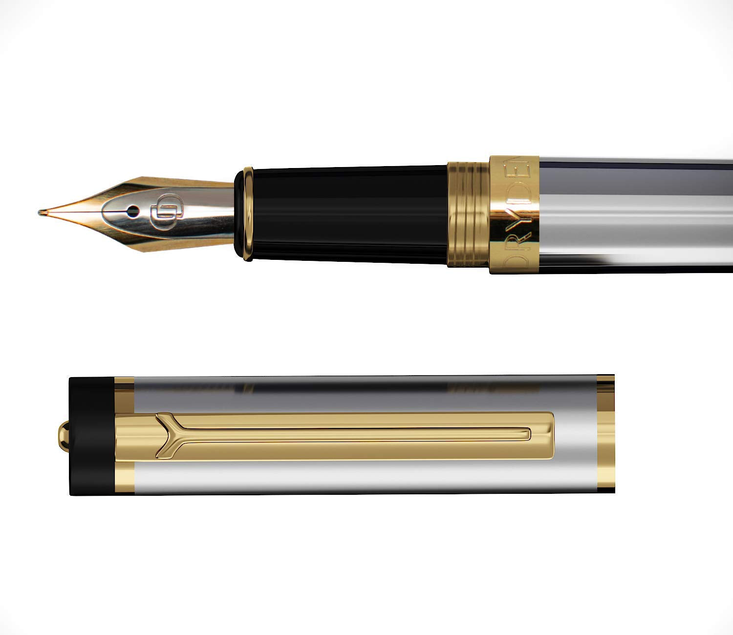 Dryden Designs Fountain Pen. Medium Nib Premium Box | 6 Ink Cartridges Included (Metallic Silver)