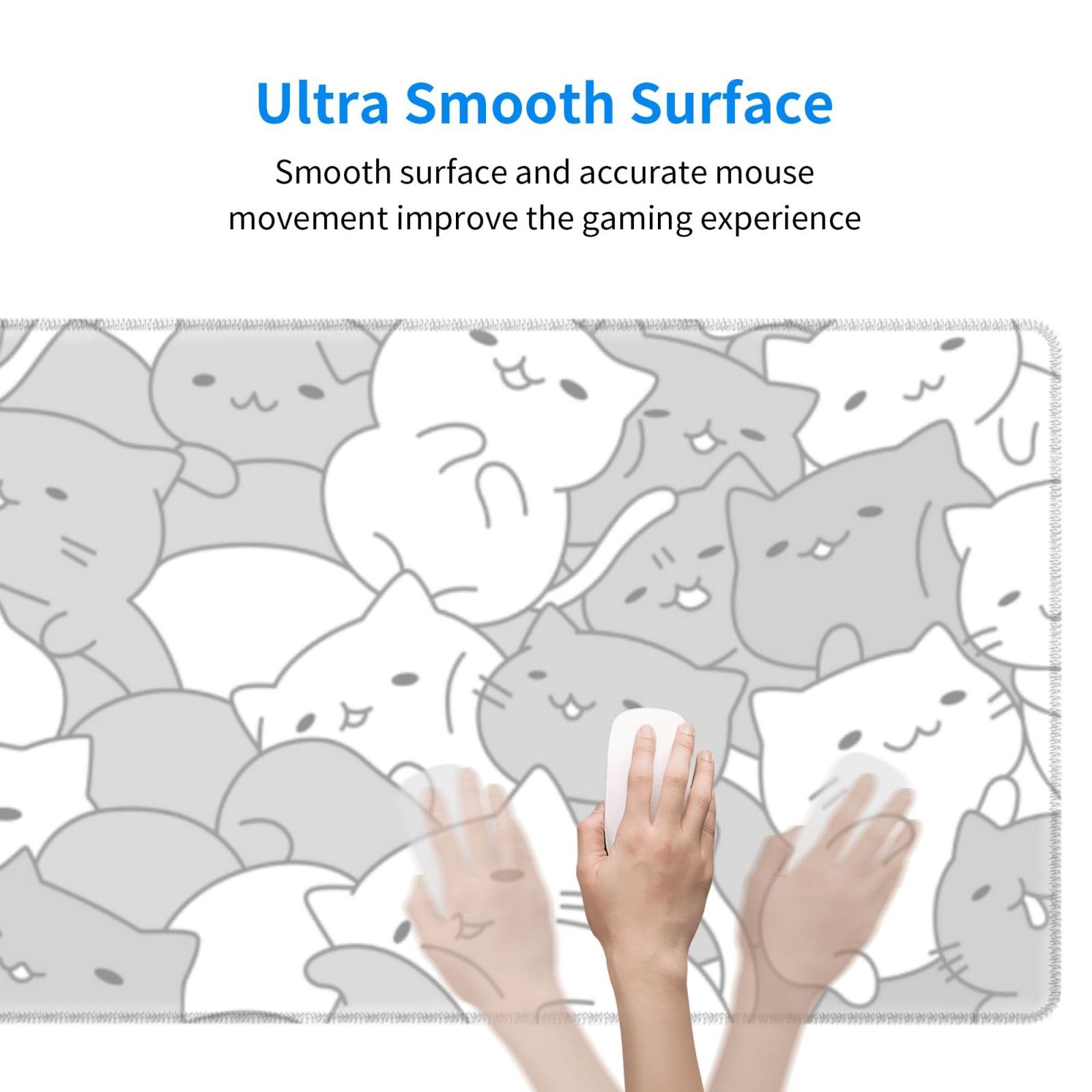 White Kawaii Cats E-Sport Mouse Pad Large Desk Mat Non-Slip Rubber Base Stitched Edge Keyboard