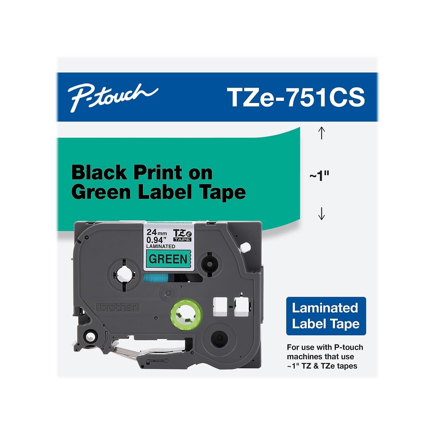Brother Genuine P-touch, TZe-751CS, 0.94” x 26.2’, Black on Green Laminated Label Tape