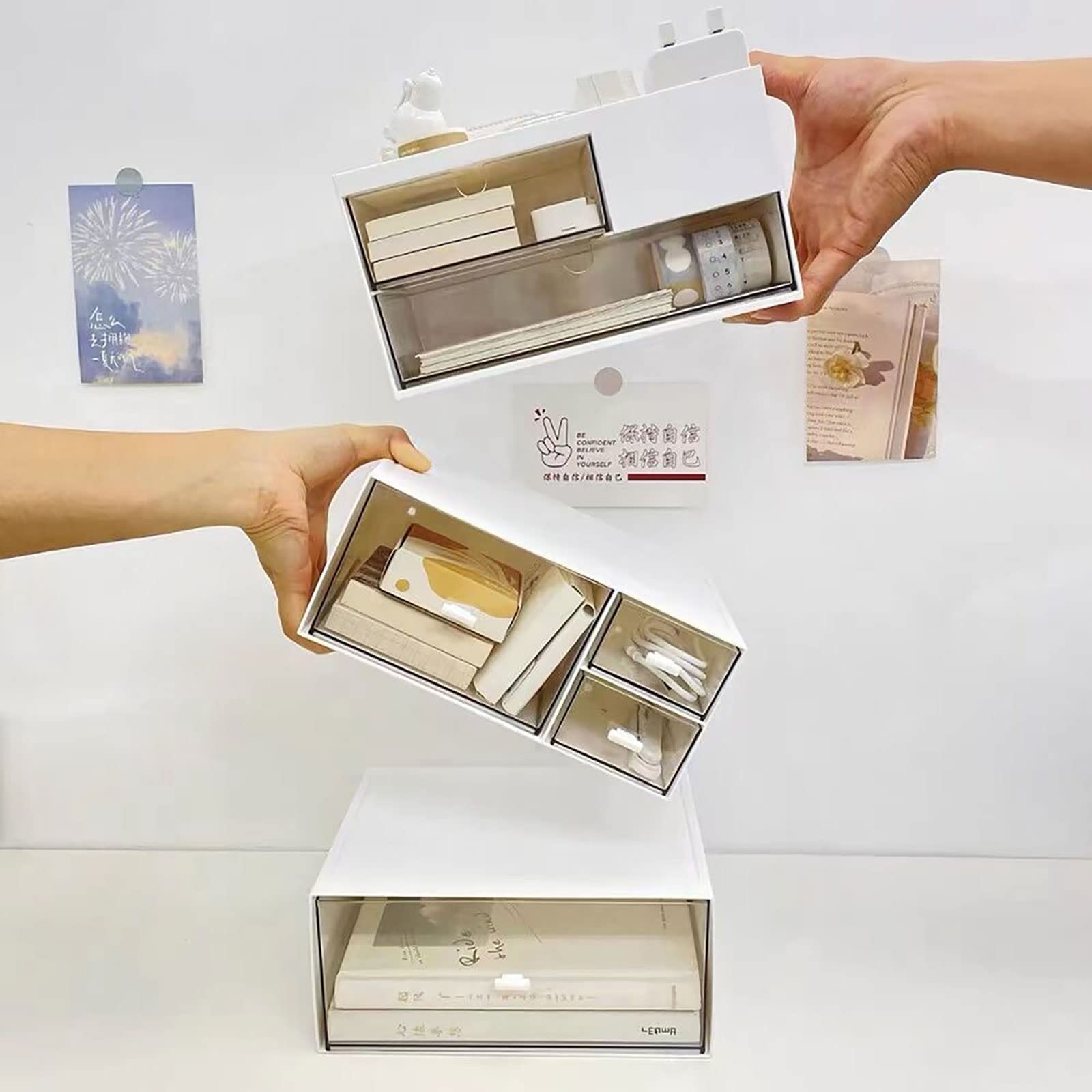 Desk Drawer Organizer, Desk Storage Box with 2 Drawers and 4 Compartments, Multifunctional Desk