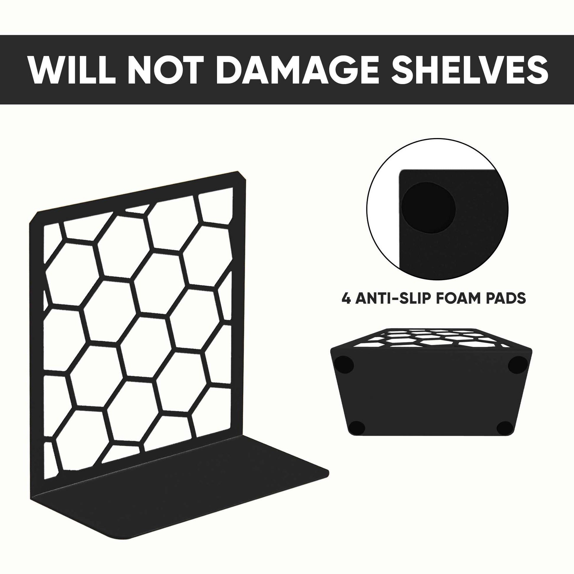 GEOMOD Premium Geometric Black Honeycomb Bookends for Shelves, Metal Book Ends Office, L-Shaped