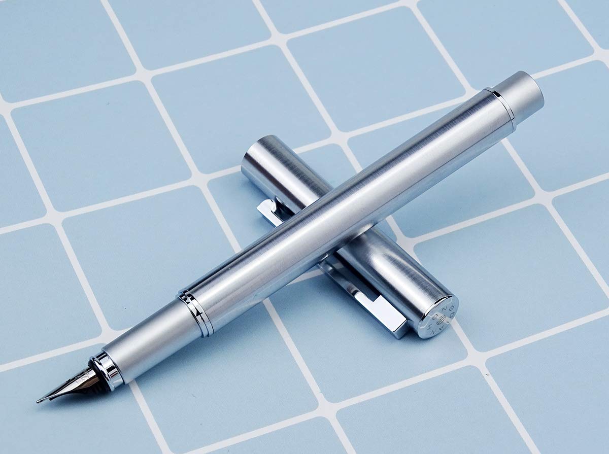 Hongdian 516 Stainless Steel Fountain Pen Fine Nib, Classic Design with Converter and Pen Pouch