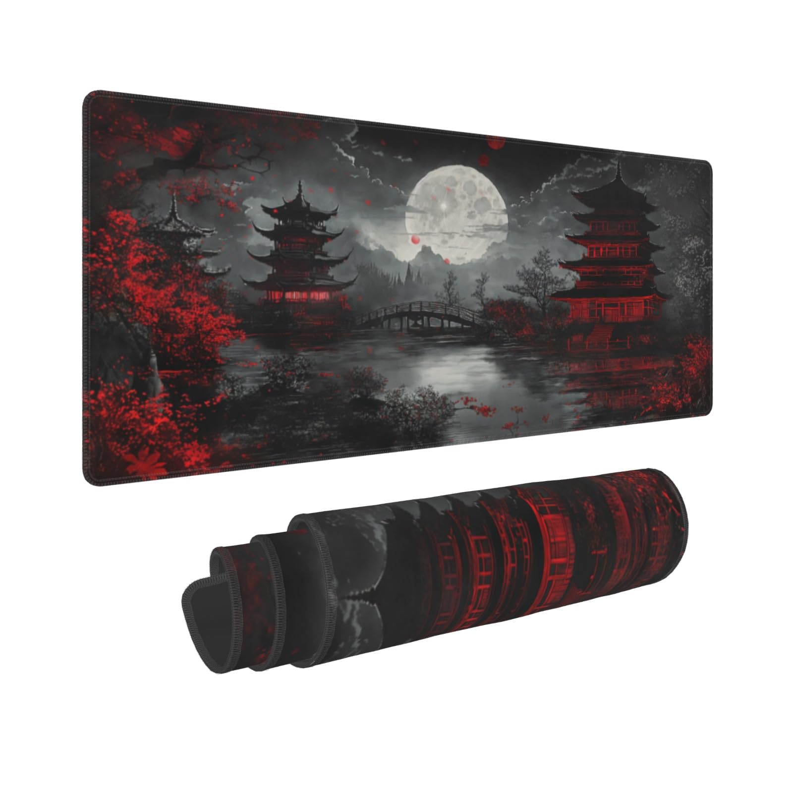Japanese Mouse Pad XXL 31.5 X 11.8 Inch Black Red Design Style Extended Large Gaming Mousepad