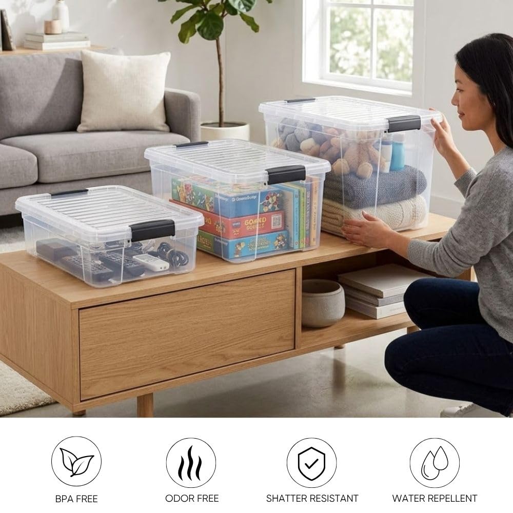Superio 13.7 Quart Clear Plastic Storage Bin with Lid, Stackable Organizer Box, BPA-Free Storage