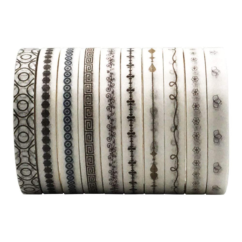 ZMLSED Vintage Pattern 5mm Wide Skinny Washi Tape Set, 10 Rolls Minimalist Japanese Masking