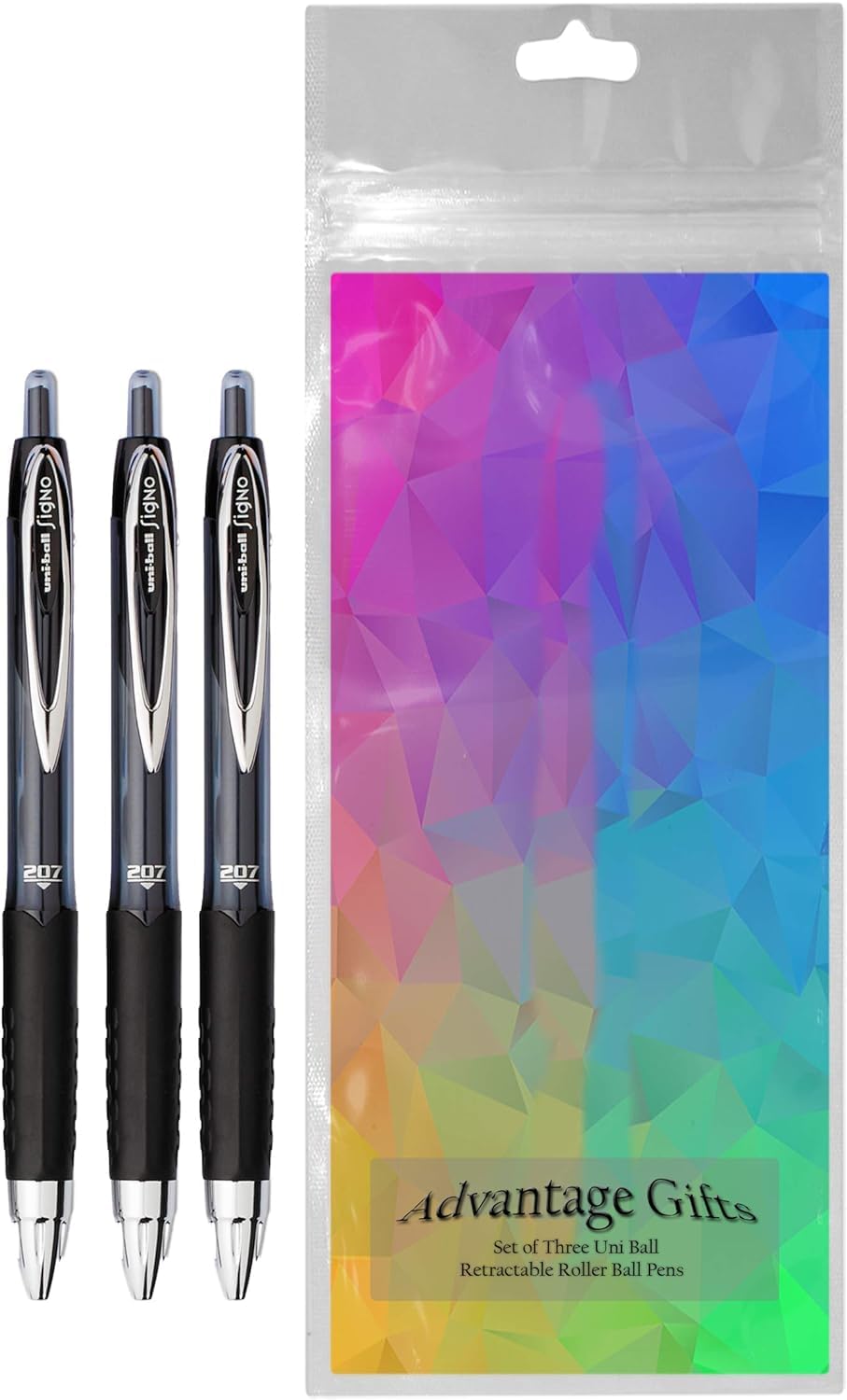 Advantage Gifts Signo 207 Roller Ball Retractable Gel Pens, Medium Point (0.7mm), Black Ink, 3