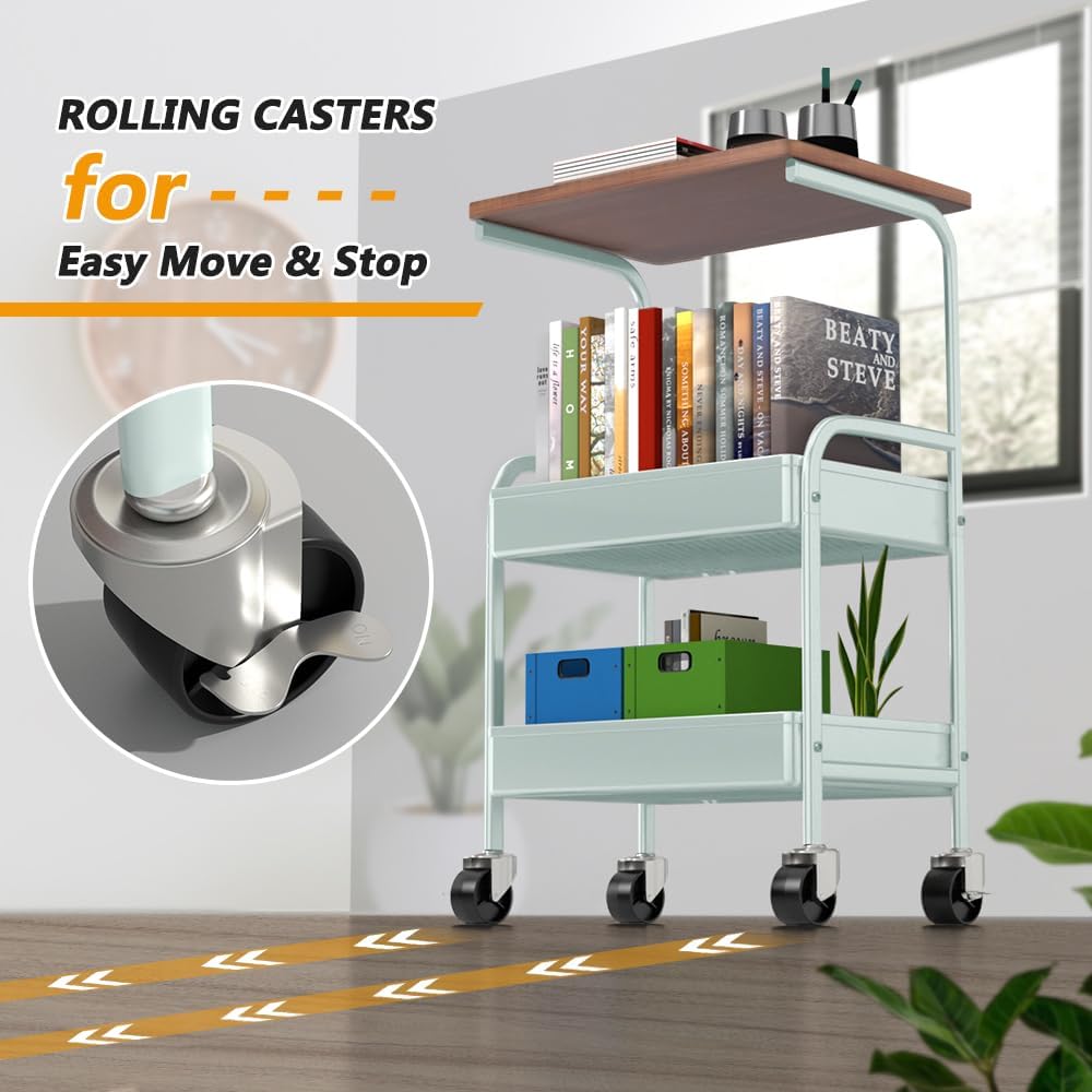 HIDODO Rolling Cart with Wooden Tabletop, 3 Tier Metal Utility Cart, Rolling Storage Organizer Cart