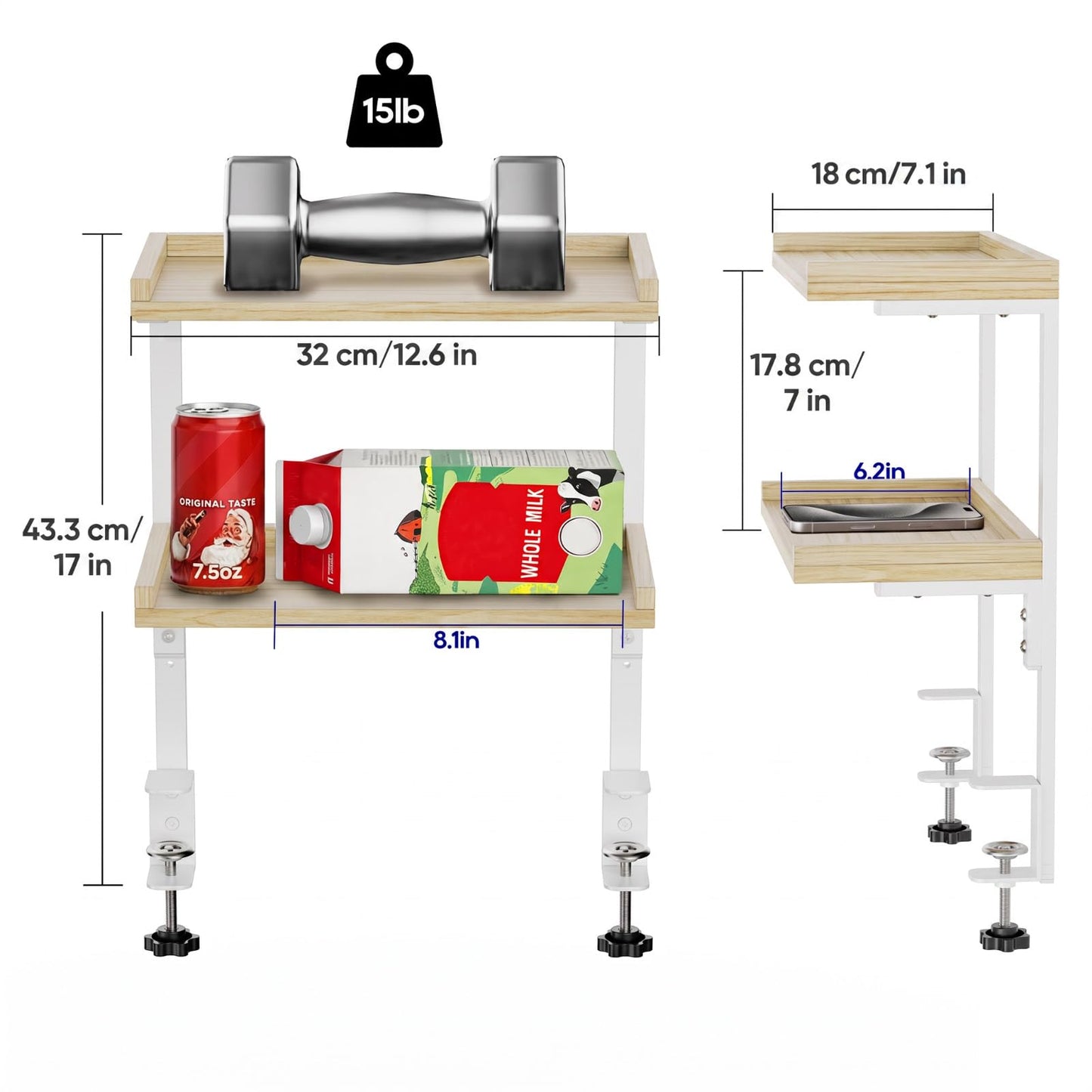 ART-GIFTREE Clamp On Desk Shelf 2-Tier, 12.6 inch Wood Shelving Unit for Office Desk/Gaming