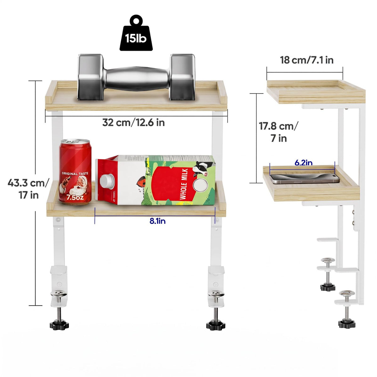 ART-GIFTREE Clamp On Desk Shelf 2-Tier, 12.6 inch Wood Shelving Unit for Office Desk/Gaming