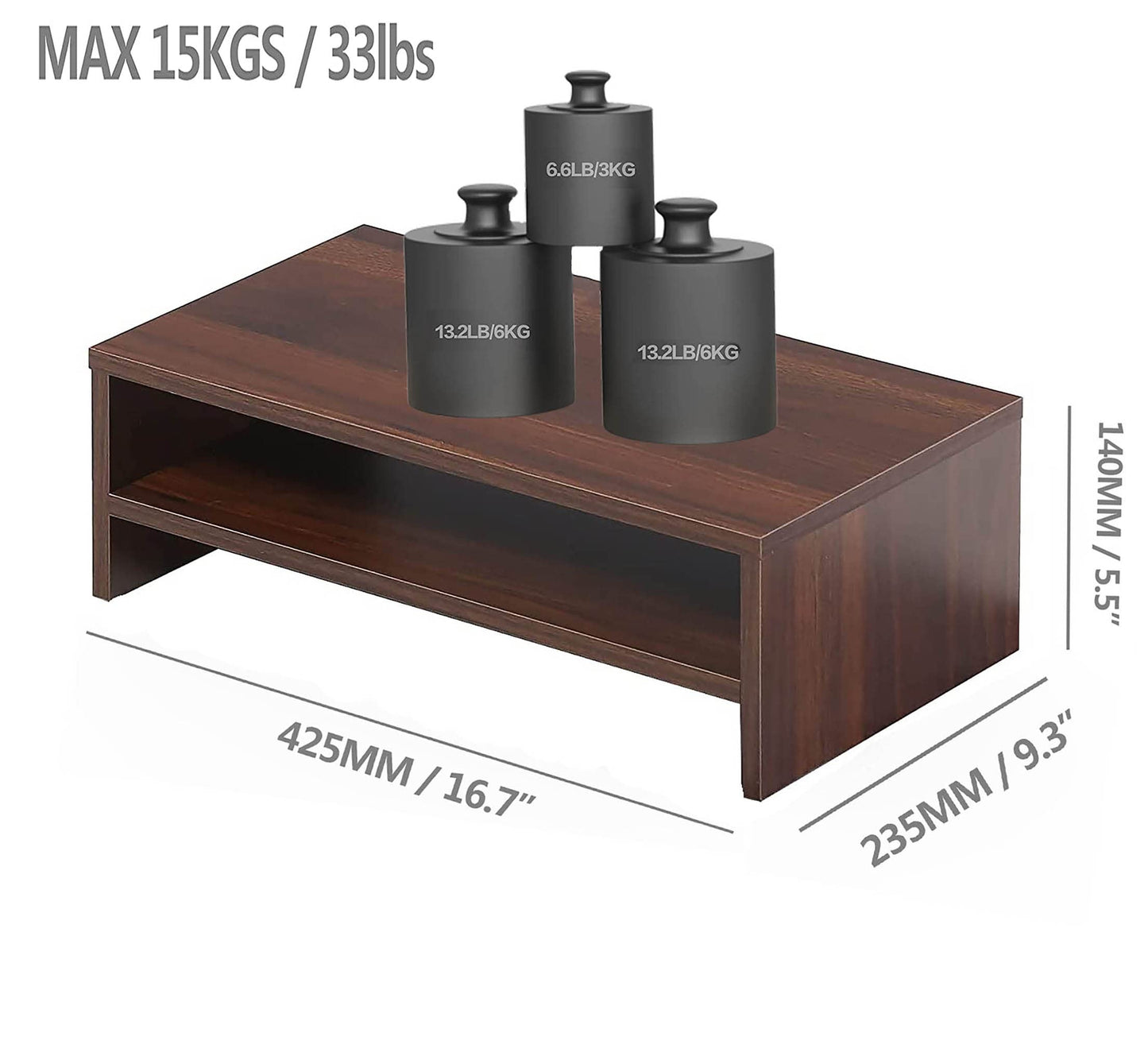 FITUEYES Wooden Monitor Stand Riser, 2-Tier Desk Storage Shelf, Brown