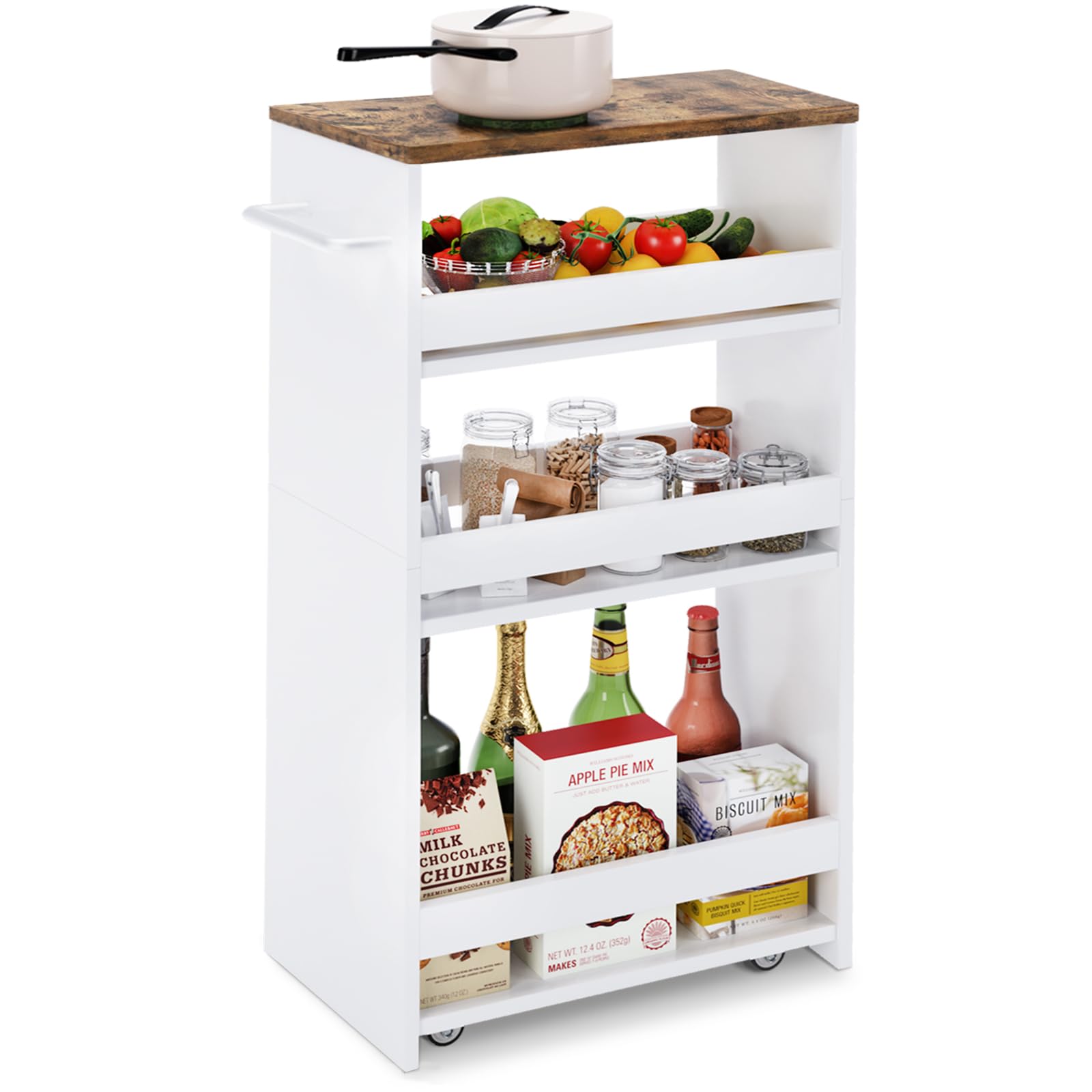 TEAMIX Slim Rolling Storage Cart, Wood 4-Tier Narrow Kitchen/Laundry Cart