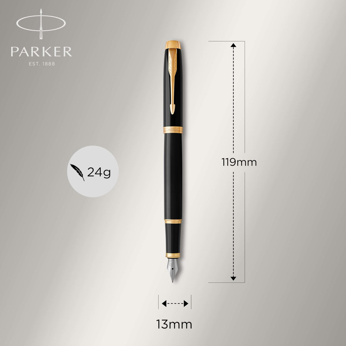 Parker IM Fountain Pen, Black Lacquer with Gold Trim, Fine Nib - Includes Blue Ink Refill and